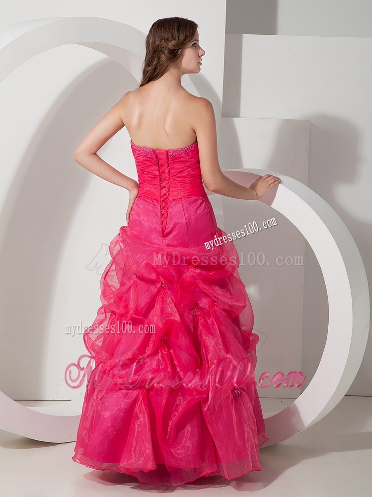Coral Red Pick-ups Ruched Evening Dress with Beading