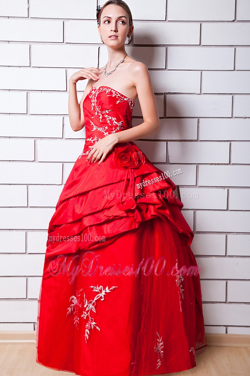Red Strapless Evening Dress Appliques Floor-length