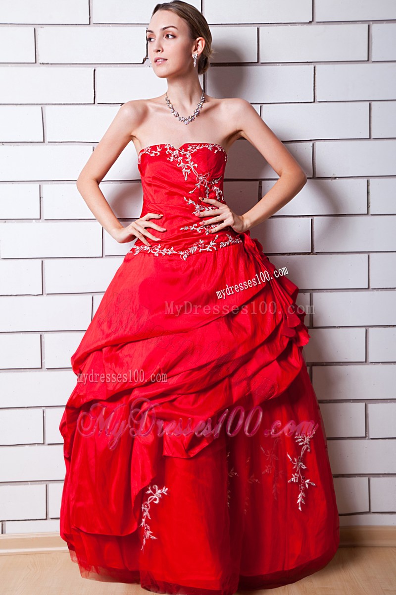 Red Strapless Evening Dress Appliques Floor-length