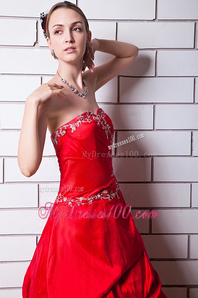 Red Strapless Evening Dress Appliques Floor-length