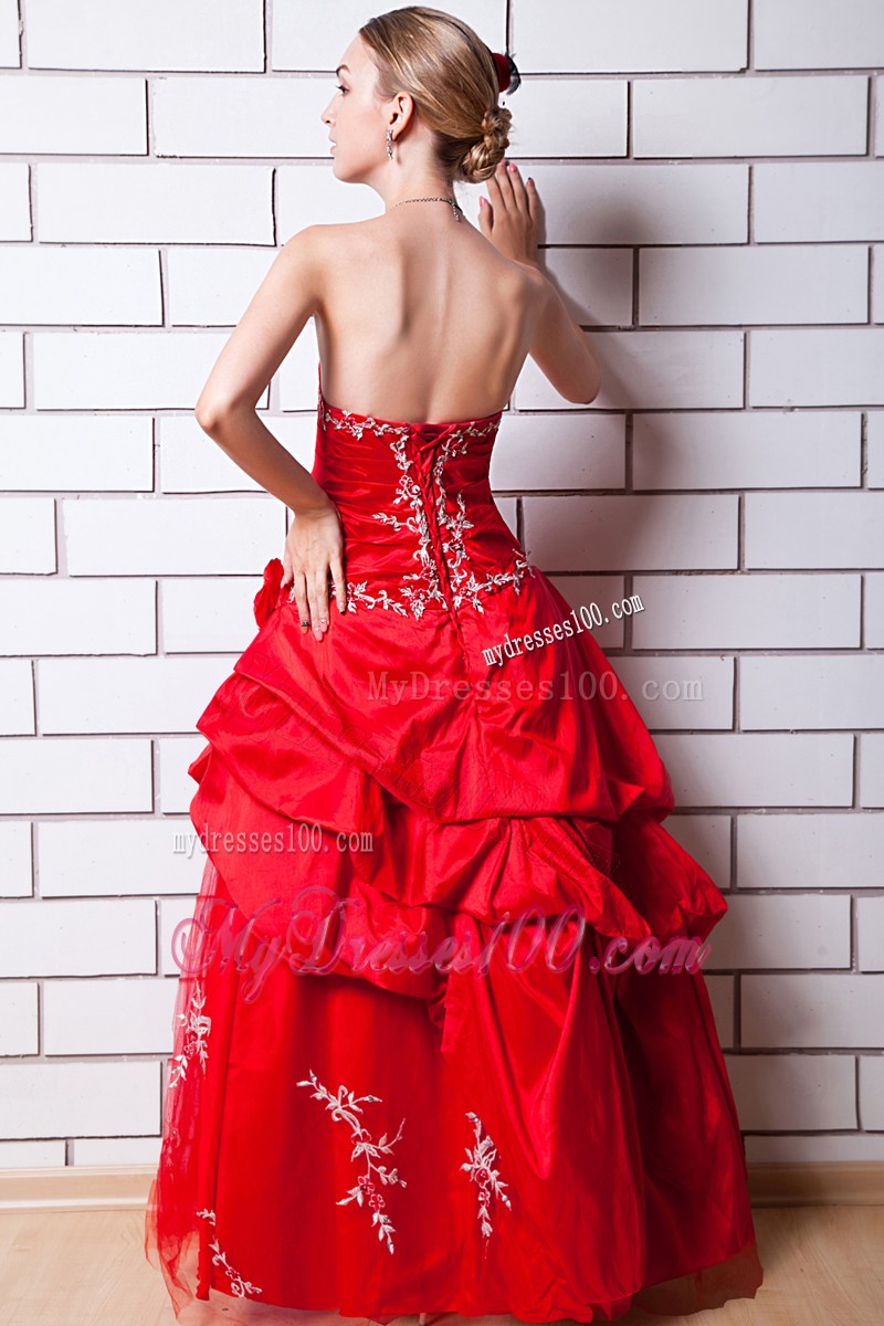 Red Strapless Evening Dress Appliques Floor-length