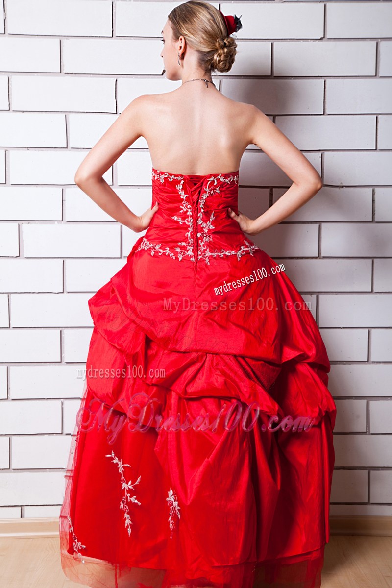 Red Strapless Evening Dress Appliques Floor-length