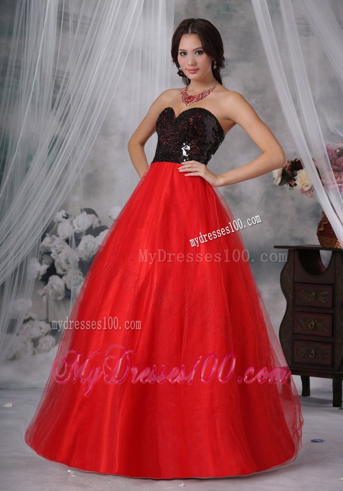 Red and Black A-Line / Princess Sweetheart Floor-length Sequins Paillette Prom Dress
