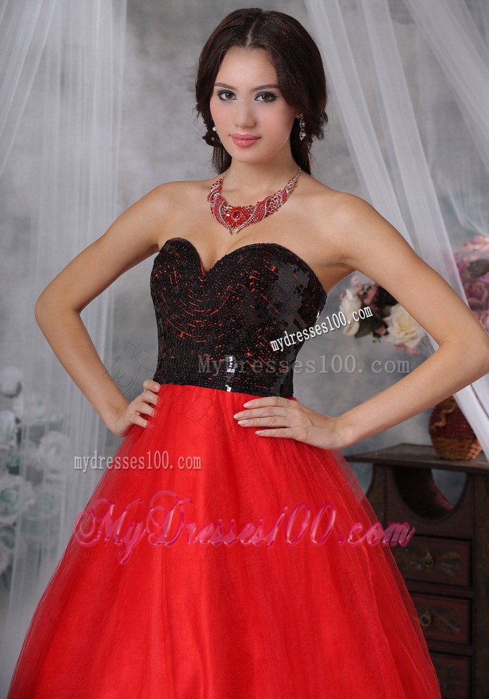 Red and Black A-Line / Princess Sweetheart Floor-length Sequins Paillette Prom Dress