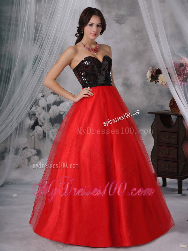 Red and Black A-Line / Princess Sweetheart Floor-length Sequins Paillette Prom Dress