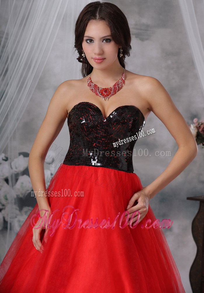 Red and Black A-Line / Princess Sweetheart Floor-length Sequins Paillette Prom Dress