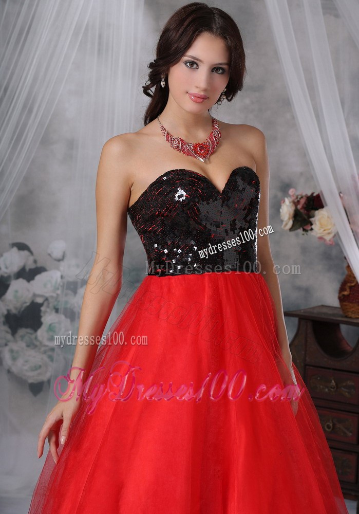 Red and Black A-Line / Princess Sweetheart Floor-length Sequins Paillette Prom Dress