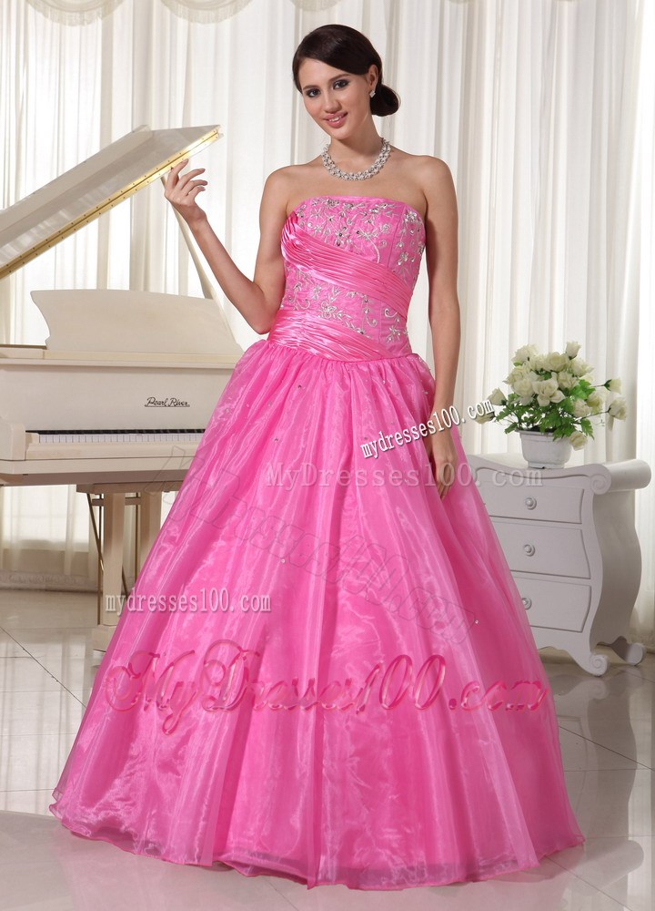 2013 Rose Pink Embroidery Beading Evening Dress With Ruche