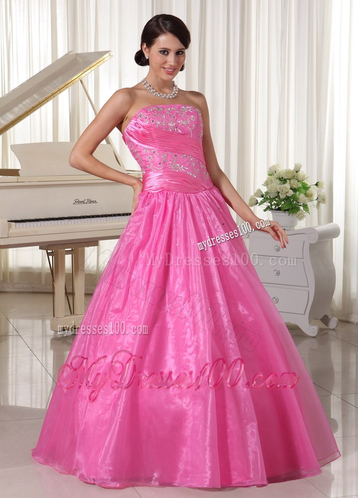 2013 Rose Pink Embroidery Beading Evening Dress With Ruche