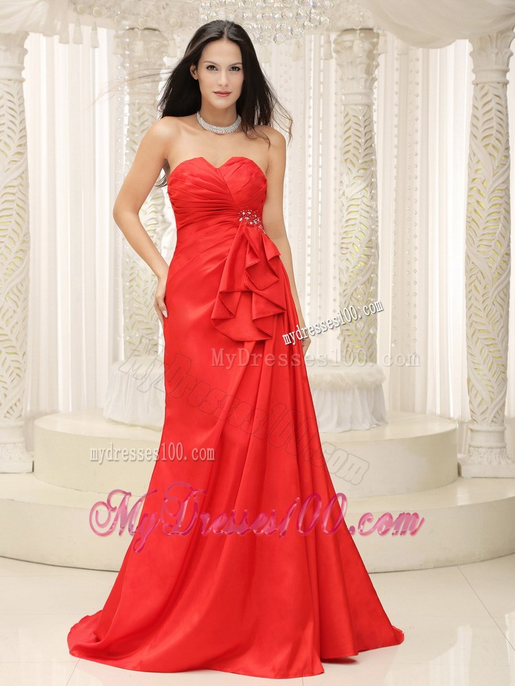 Coral Red and Rose Pink Evening Dress With Ruched Bodice