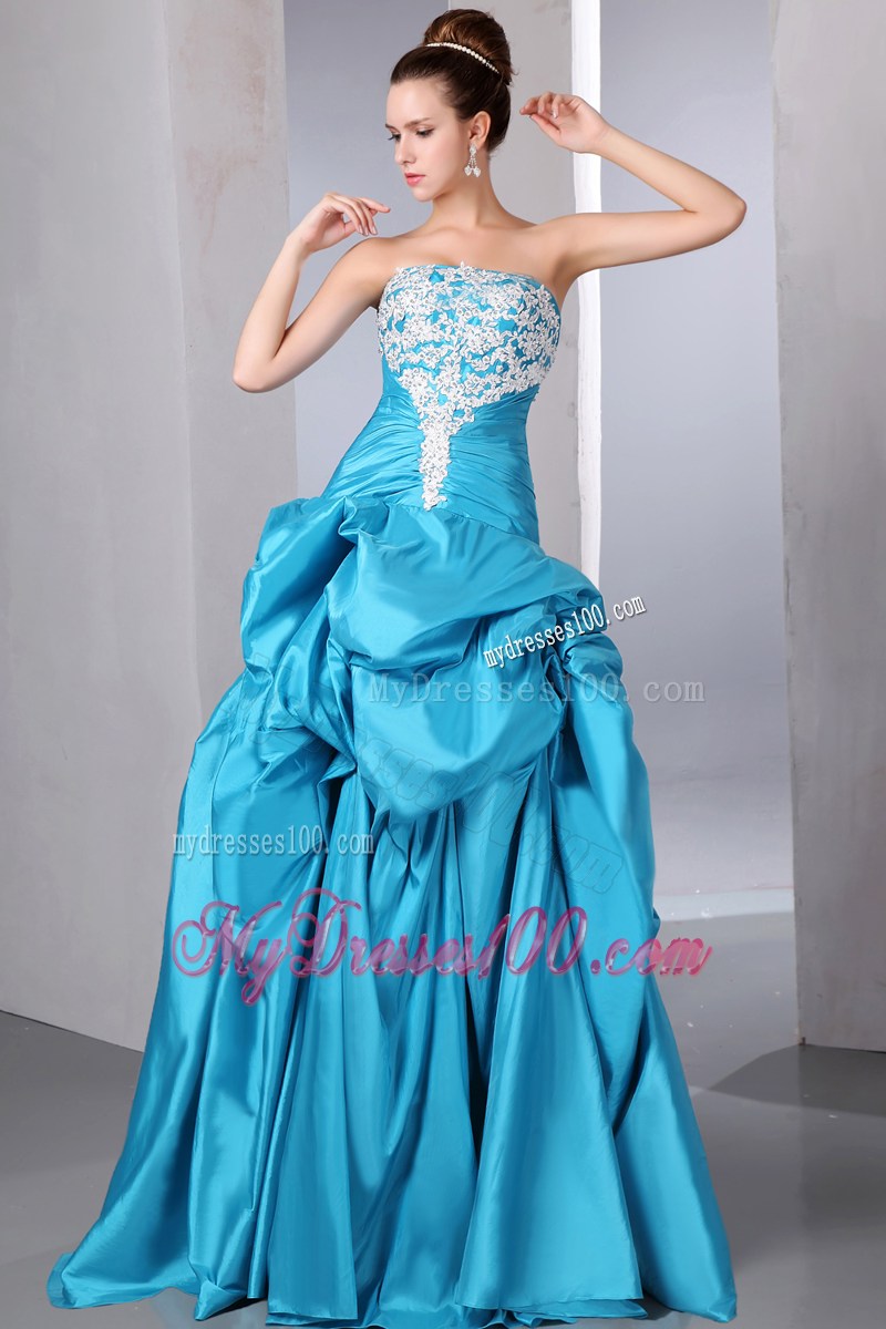 Teal Strapless Beading and Appliques Evening Dress