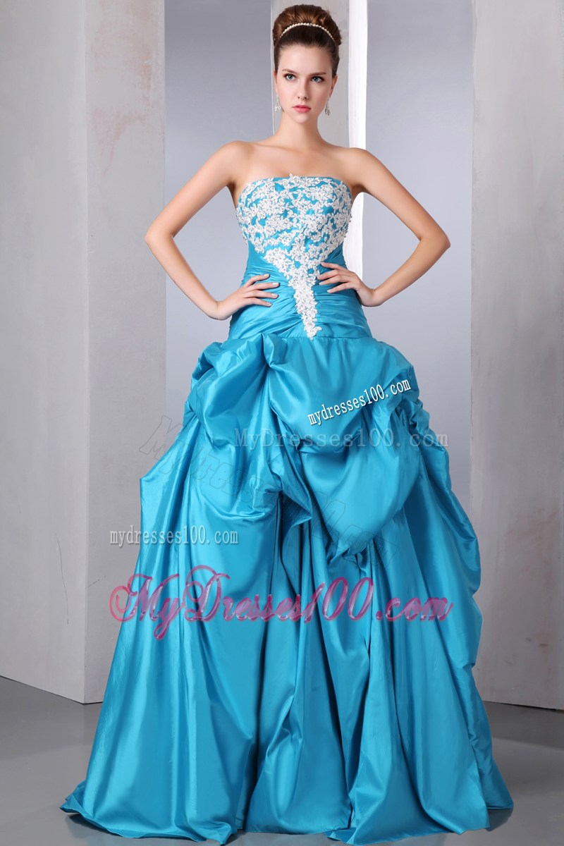 Teal Strapless Beading and Appliques Evening Dress