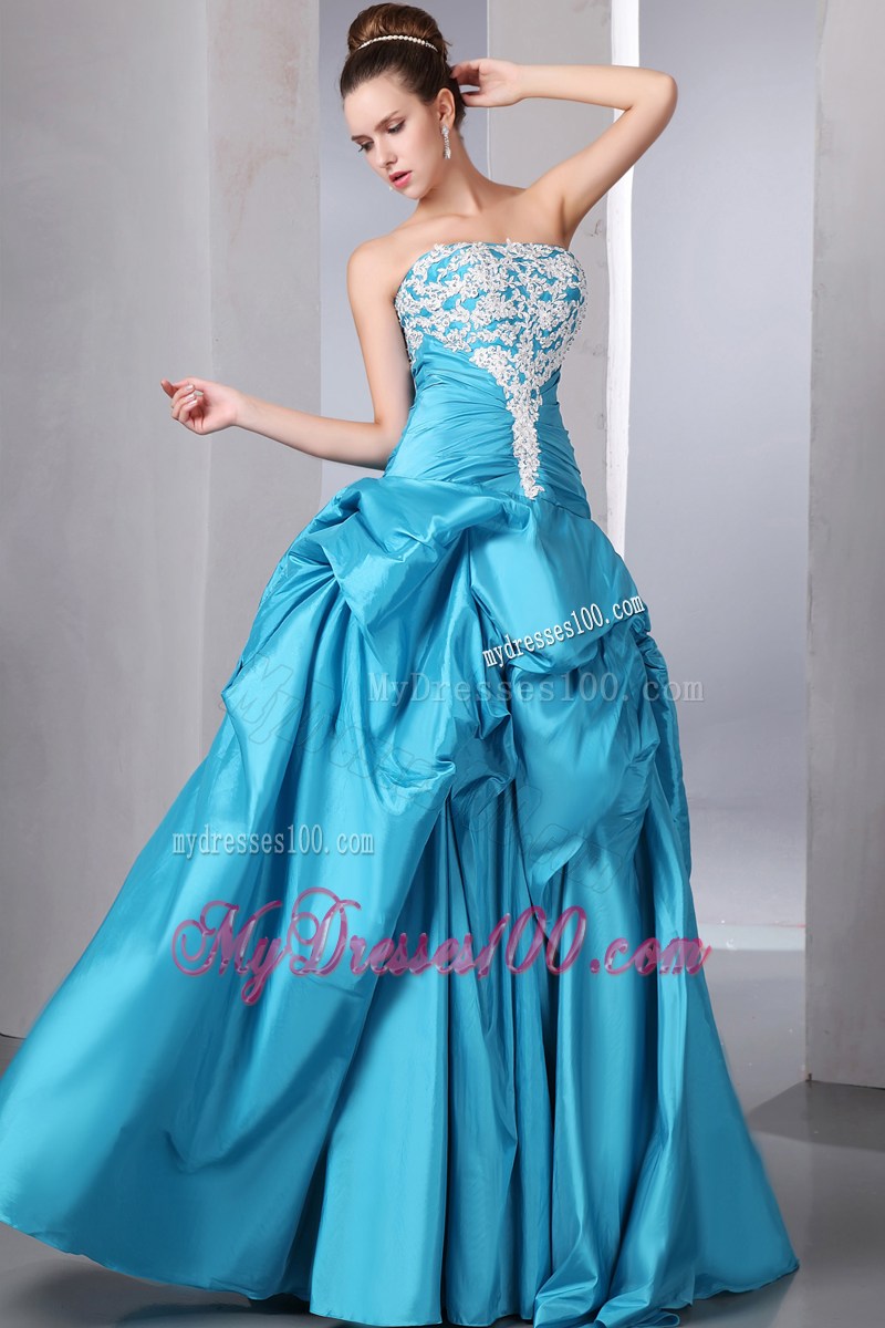 Teal Strapless Beading and Appliques Evening Dress