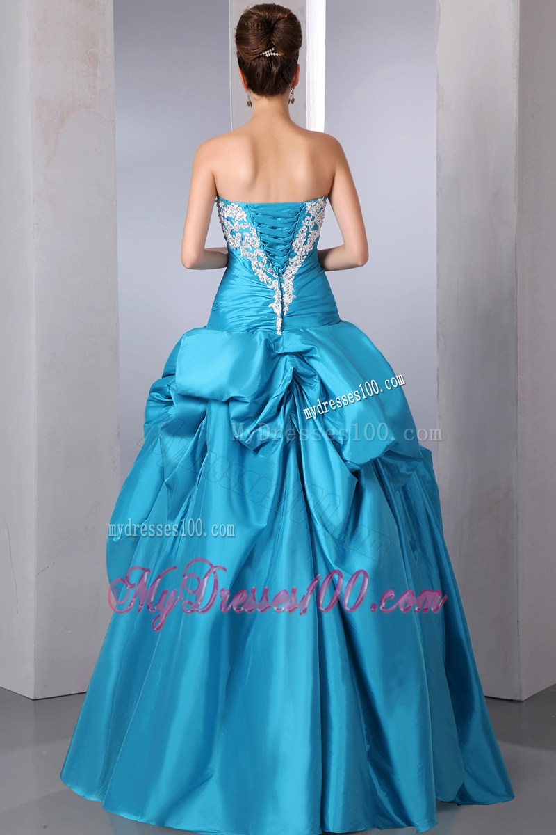 Teal Strapless Beading and Appliques Evening Dress