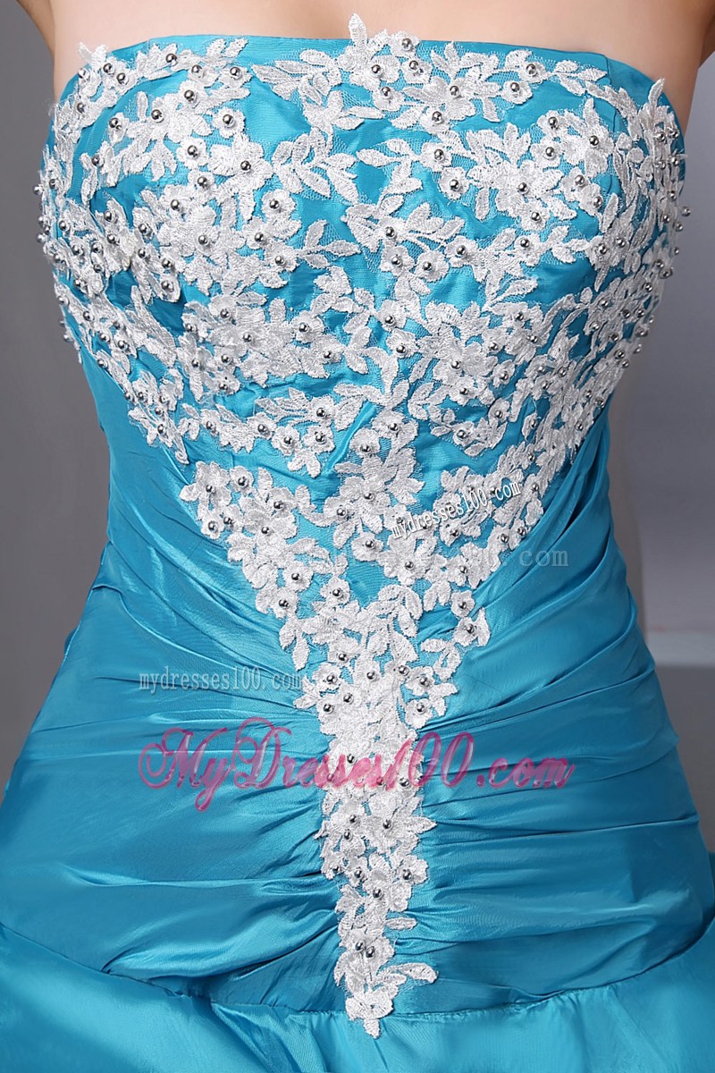 Teal Strapless Beading and Appliques Evening Dress