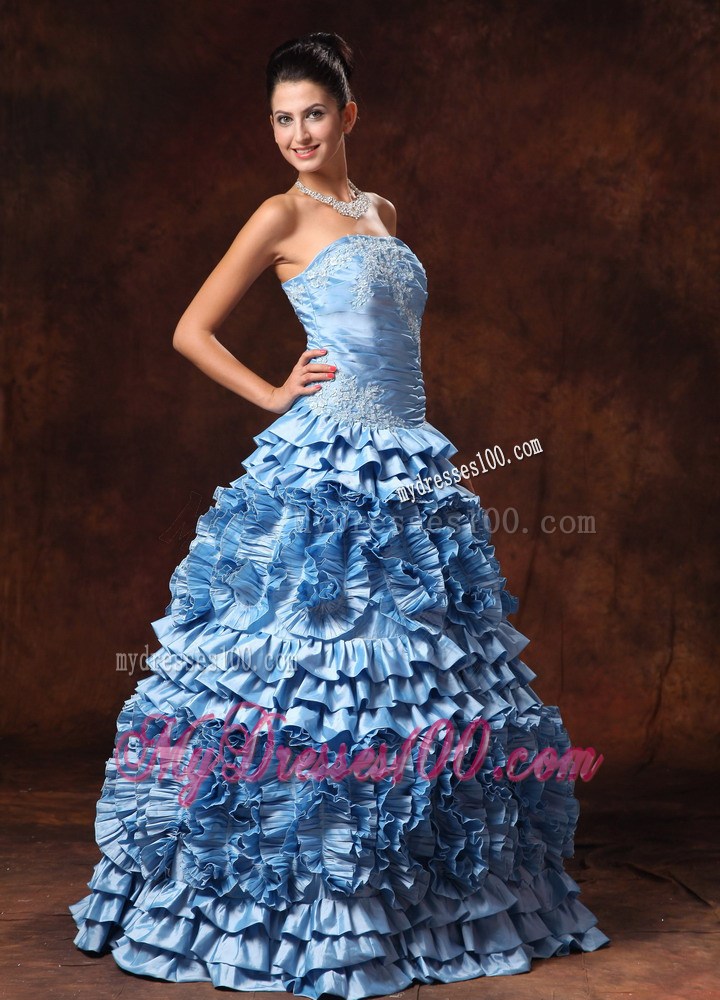 Ruffles Light Blue Strapless Appliques Evening Dress