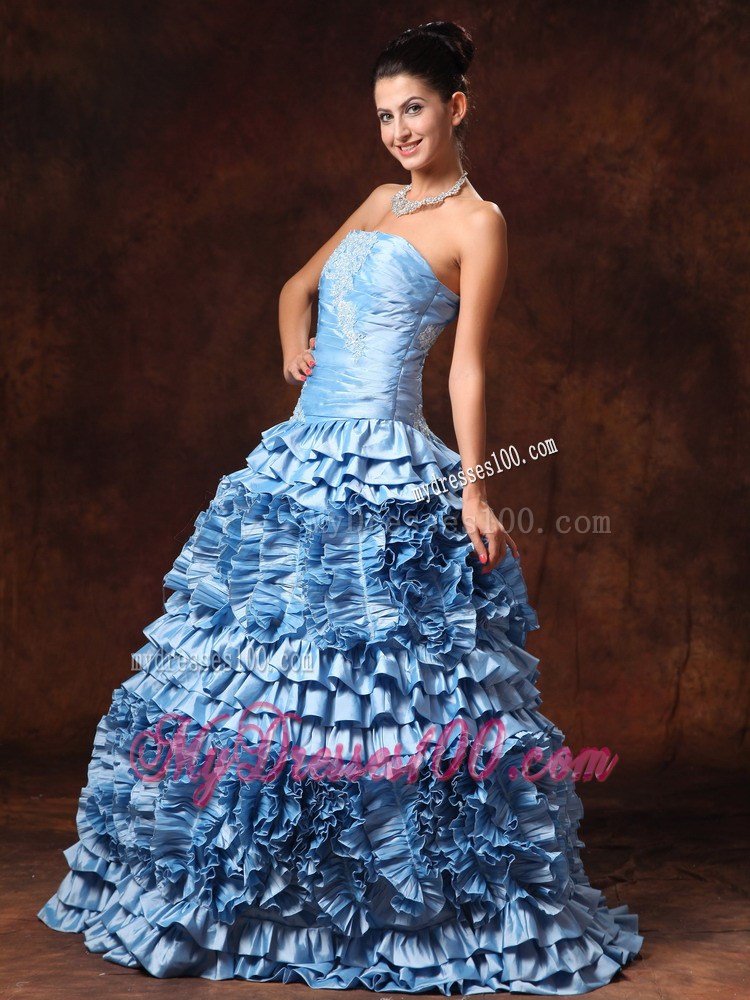 Ruffles Light Blue Strapless Appliques Evening Dress