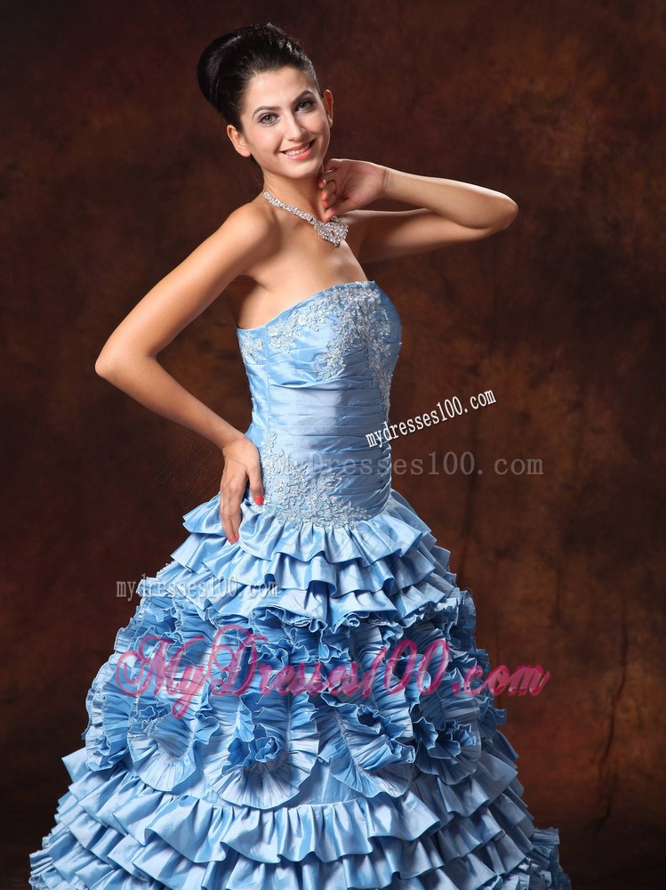 Ruffles Light Blue Strapless Appliques Evening Dress