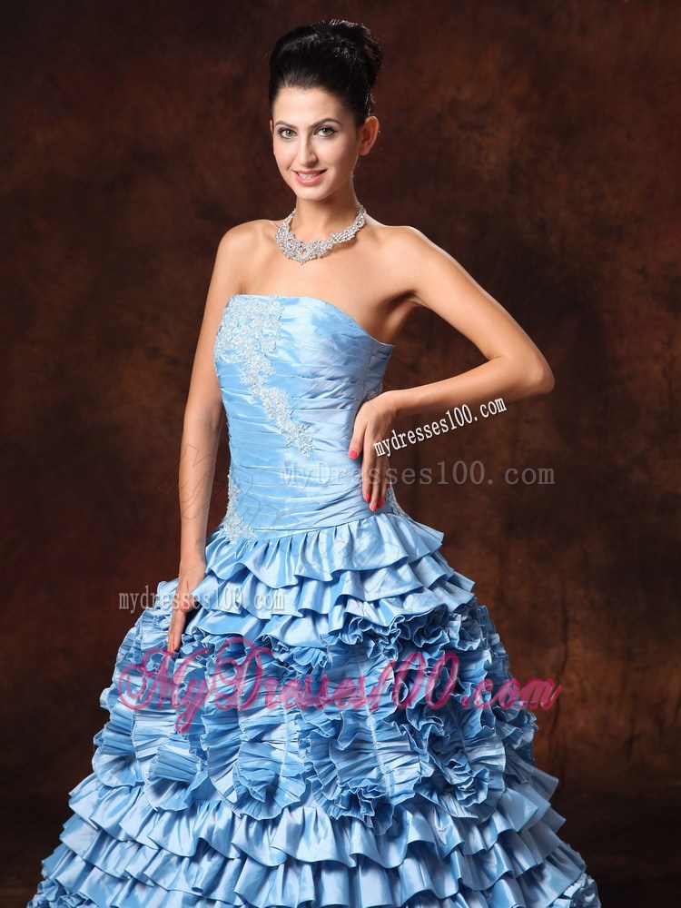 Ruffles Light Blue Strapless Appliques Evening Dress