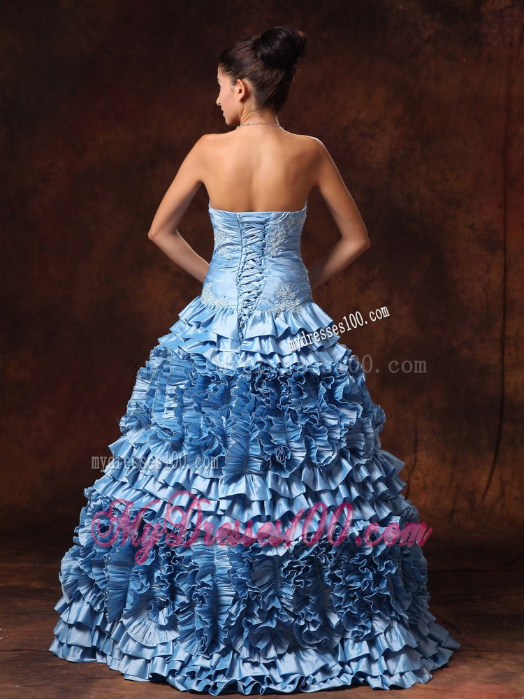 Ruffles Light Blue Strapless Appliques Evening Dress