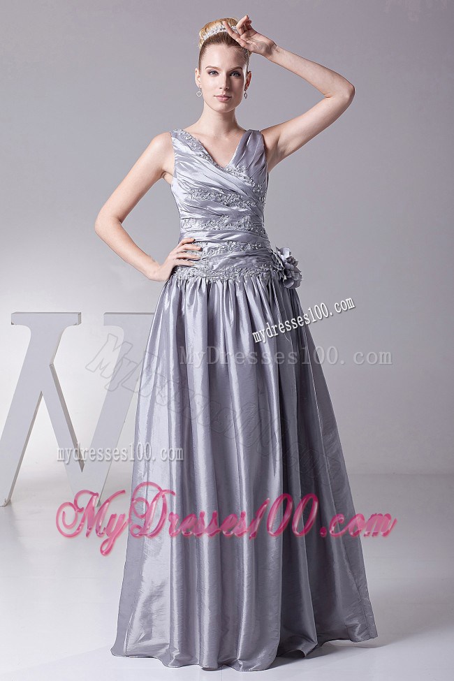 Silver V-neck Hand Made Flower Evening Dress Appliques