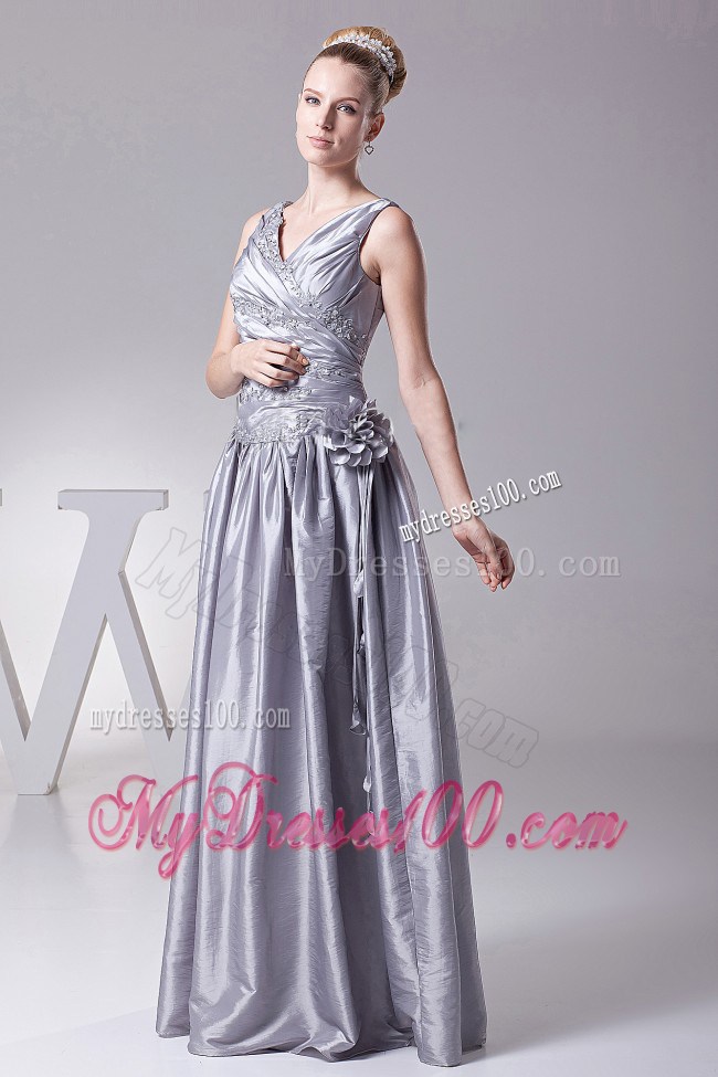 Silver V-neck Hand Made Flower Evening Dress Appliques