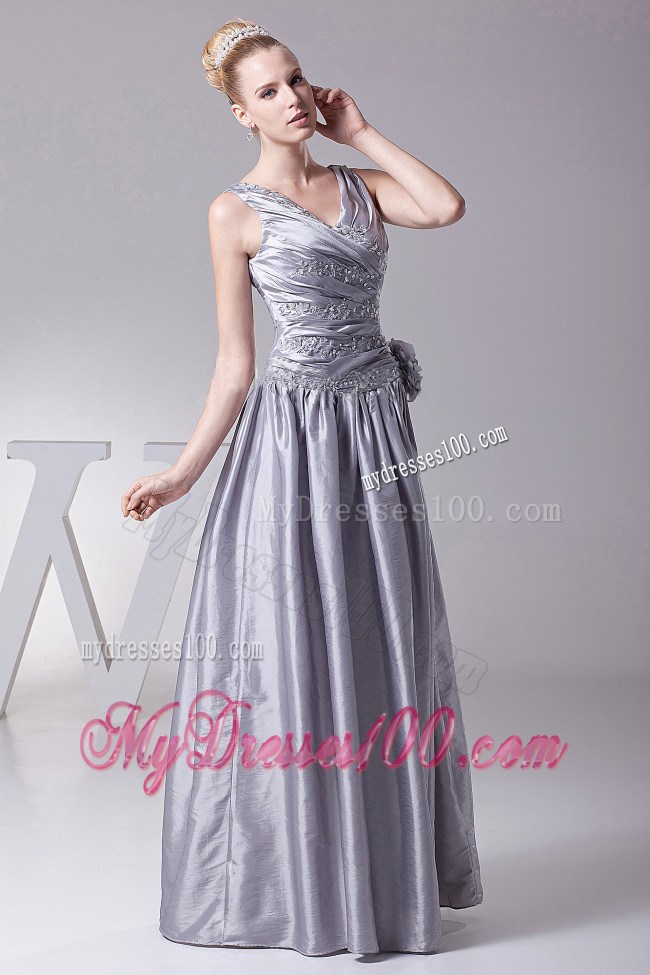 Silver V-neck Hand Made Flower Evening Dress Appliques