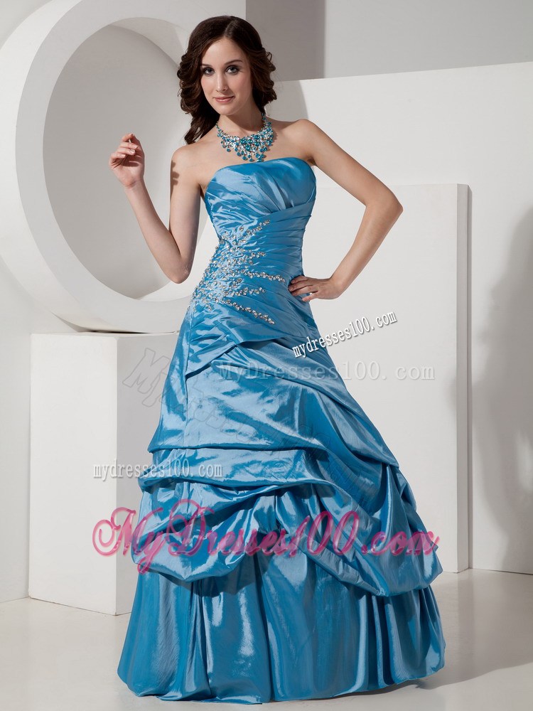 Blue Princess Strapless Prom Evening Dress Beaded