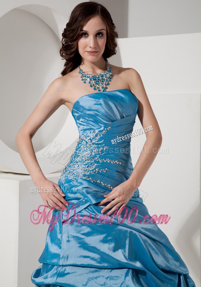 Blue Princess Strapless Prom Evening Dress Beaded