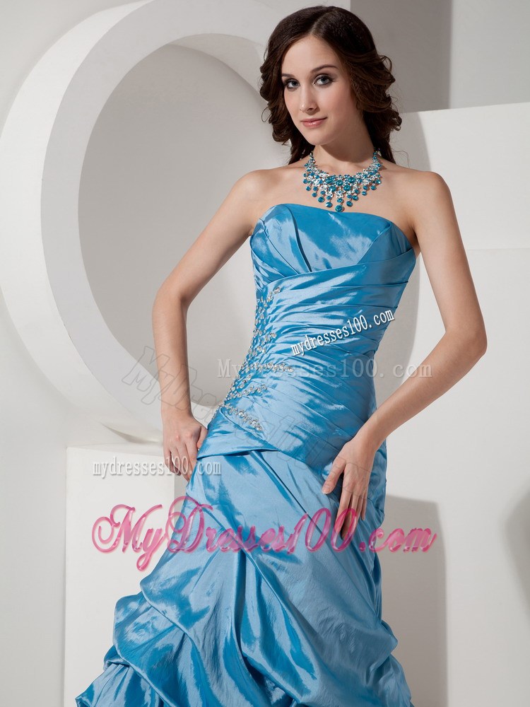 Blue Princess Strapless Prom Evening Dress Beaded