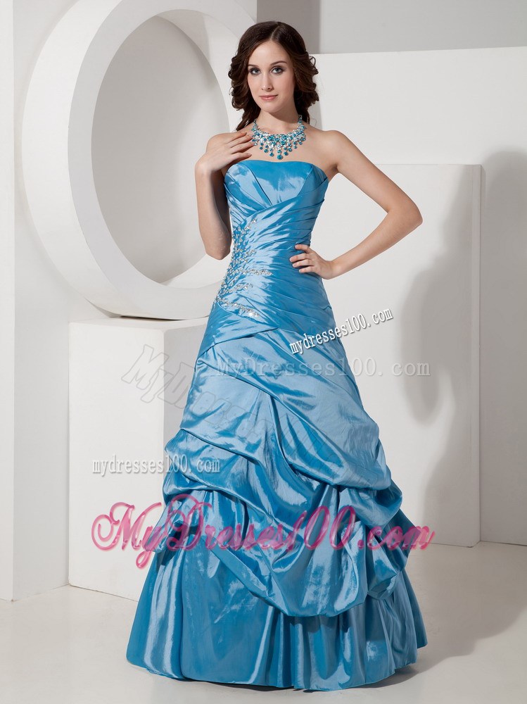 Blue Princess Strapless Prom Evening Dress Beaded