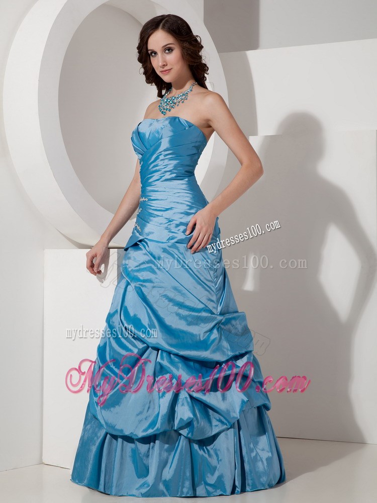 Blue Princess Strapless Prom Evening Dress Beaded