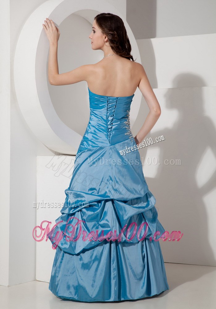 Blue Princess Strapless Prom Evening Dress Beaded