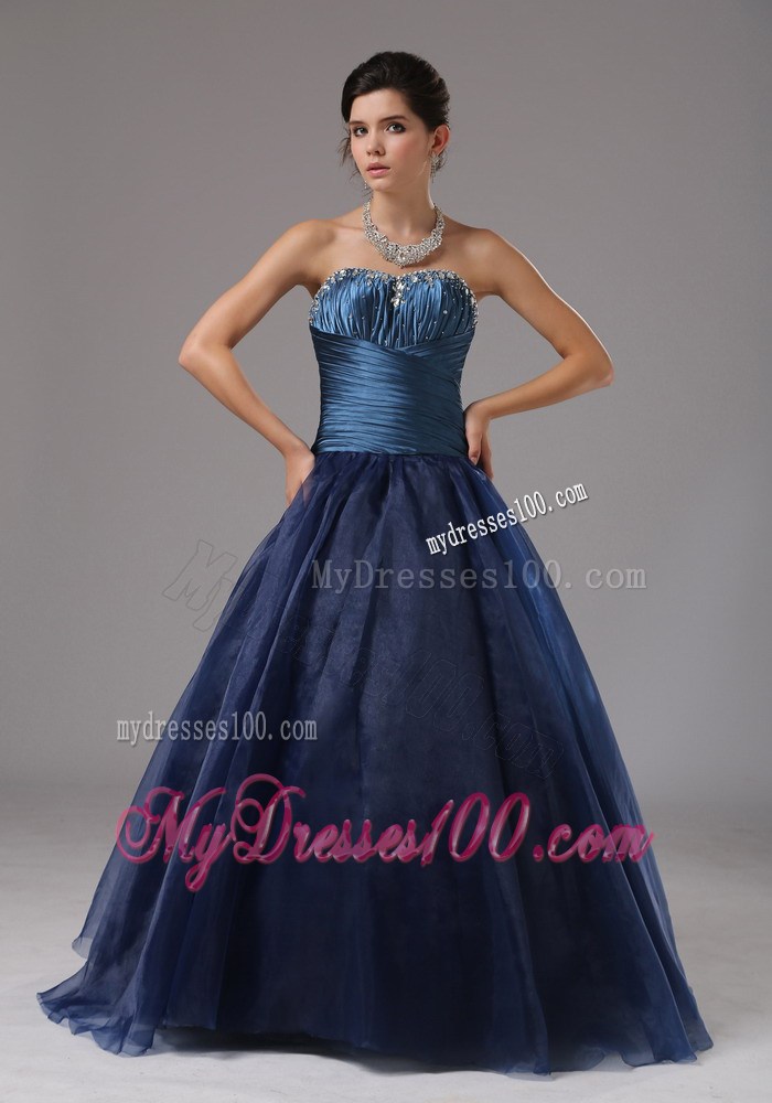 Beautiful Beaded Decorate Blue Strapless Evening Dress
