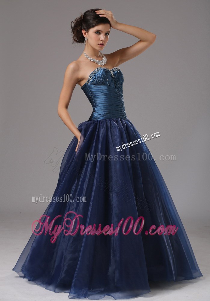 Beautiful Beaded Decorate Blue Strapless Evening Dress