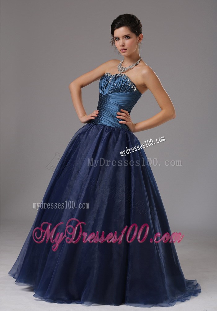 Beautiful Beaded Decorate Blue Strapless Evening Dress