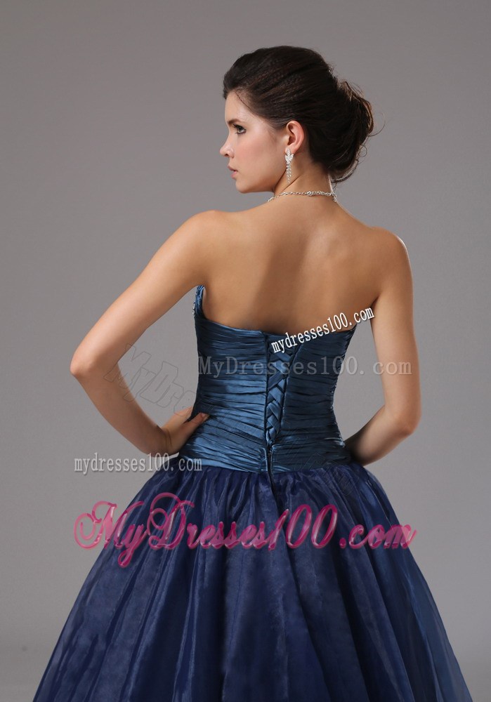 Beautiful Beaded Decorate Blue Strapless Evening Dress