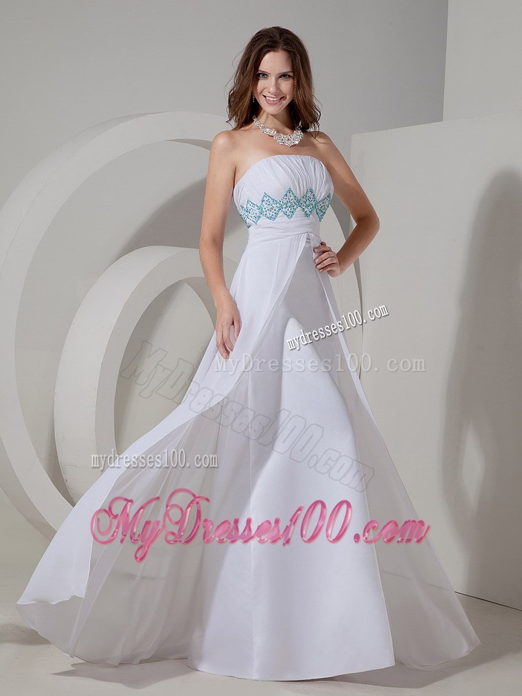 White Column Evening Dress Strapless Beading and Ruche