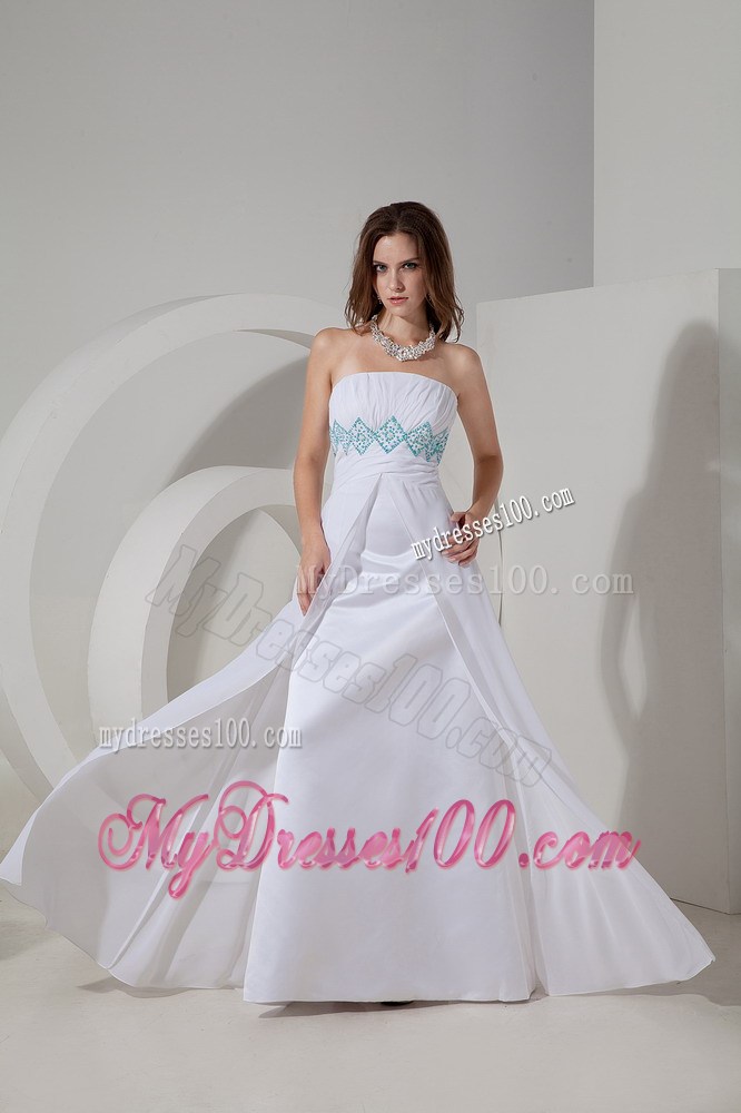 White Column Evening Dress Strapless Beading and Ruche