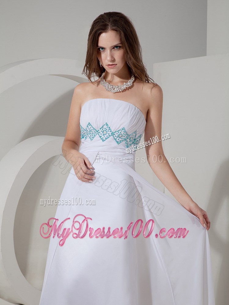 White Column Evening Dress Strapless Beading and Ruche