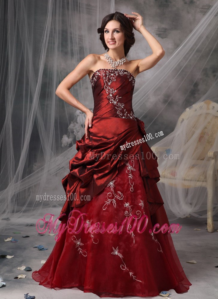 Burgundy Princess Strapless Evening Dress Appliques