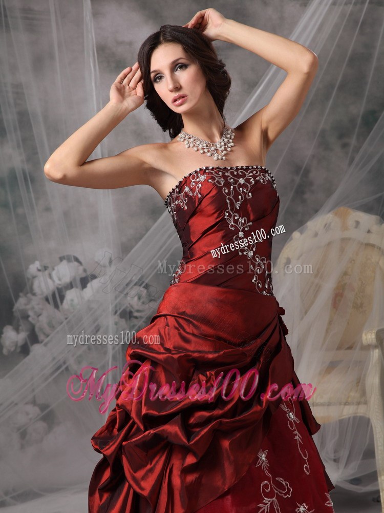 Burgundy Princess Strapless Evening Dress Appliques