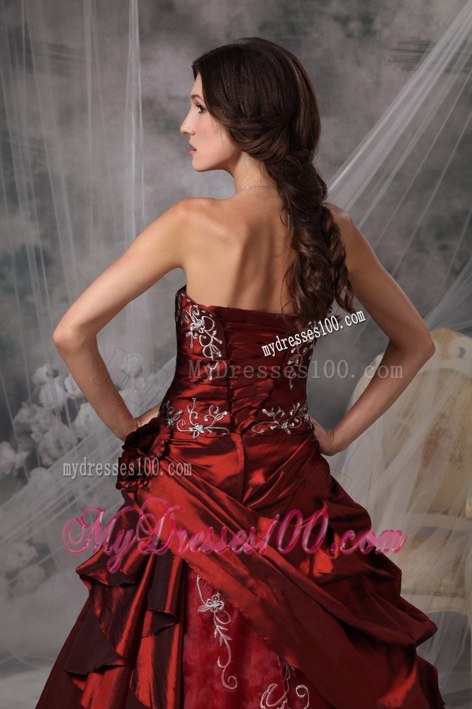 Burgundy Princess Strapless Evening Dress Appliques