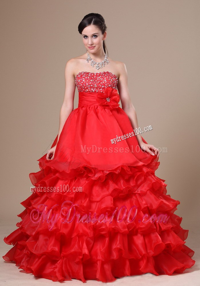 Beaded Decorate Strapless Hand Made Flower Ruffled Layers Red Floor-length 2013 Prom / Evening Dress
