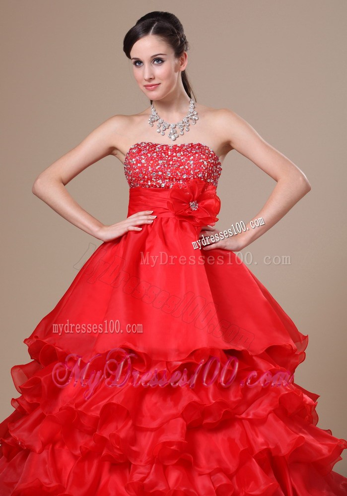 Beaded Decorate Strapless Hand Made Flower Ruffled Layers Red Floor-length 2013 Prom / Evening Dress