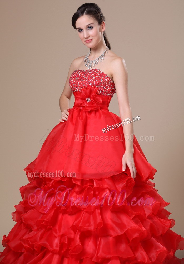 Beaded Decorate Strapless Hand Made Flower Ruffled Layers Red Floor-length 2013 Prom / Evening Dress
