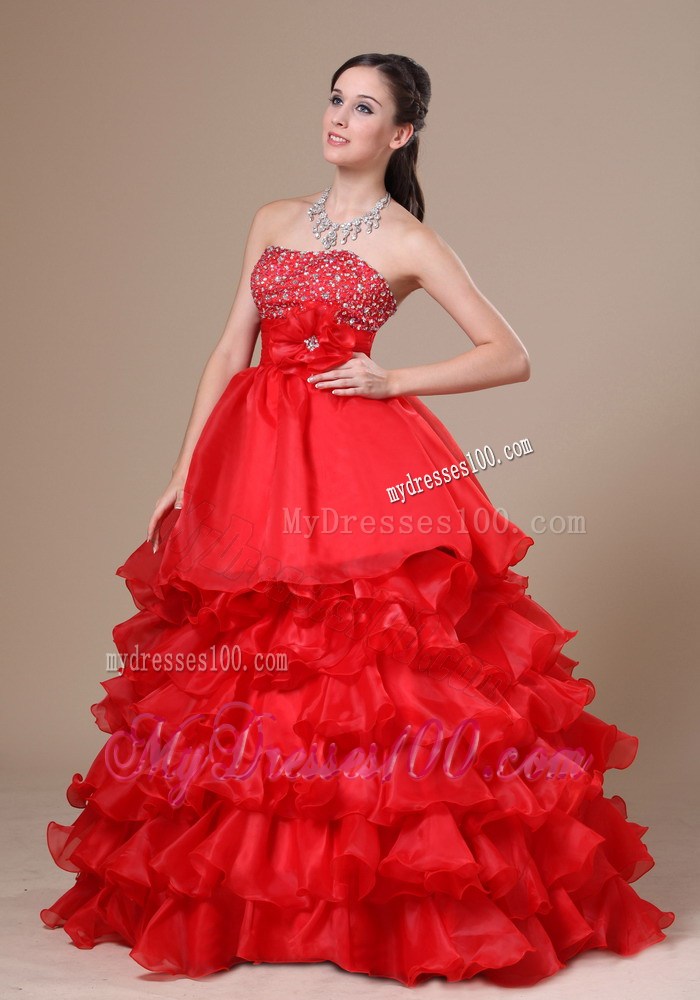 Beaded Decorate Strapless Hand Made Flower Ruffled Layers Red Floor-length 2013 Prom / Evening Dress