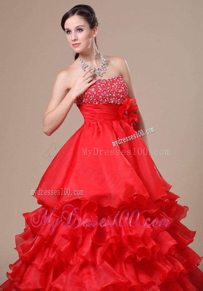 Beaded Decorate Strapless Hand Made Flower Ruffled Layers Red Floor-length 2013 Prom / Evening Dress
