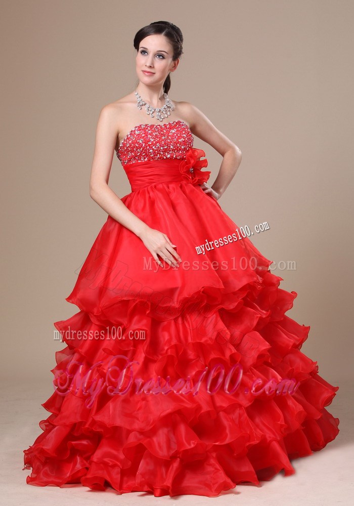 Beaded Decorate Strapless Hand Made Flower Ruffled Layers Red Floor-length 2013 Prom / Evening Dress
