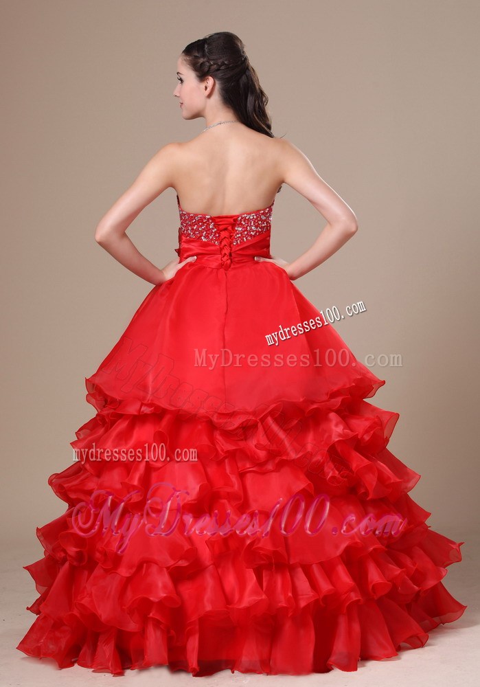 Beaded Decorate Strapless Hand Made Flower Ruffled Layers Red Floor-length 2013 Prom / Evening Dress